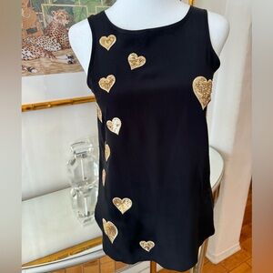 FLAVIO CASTELLANI Black Sleeveless Silk Top With Gold Sequins Hearts.